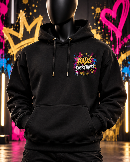 Custom Haus of Everything hoodie showing front and back design options, made from soft fabric with customizable details.