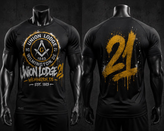 Union Lodge No. 21 official event shirt by PRINTED EVERYTHING DTF STUDIO, featuring a full front view of the design on a black shirt.