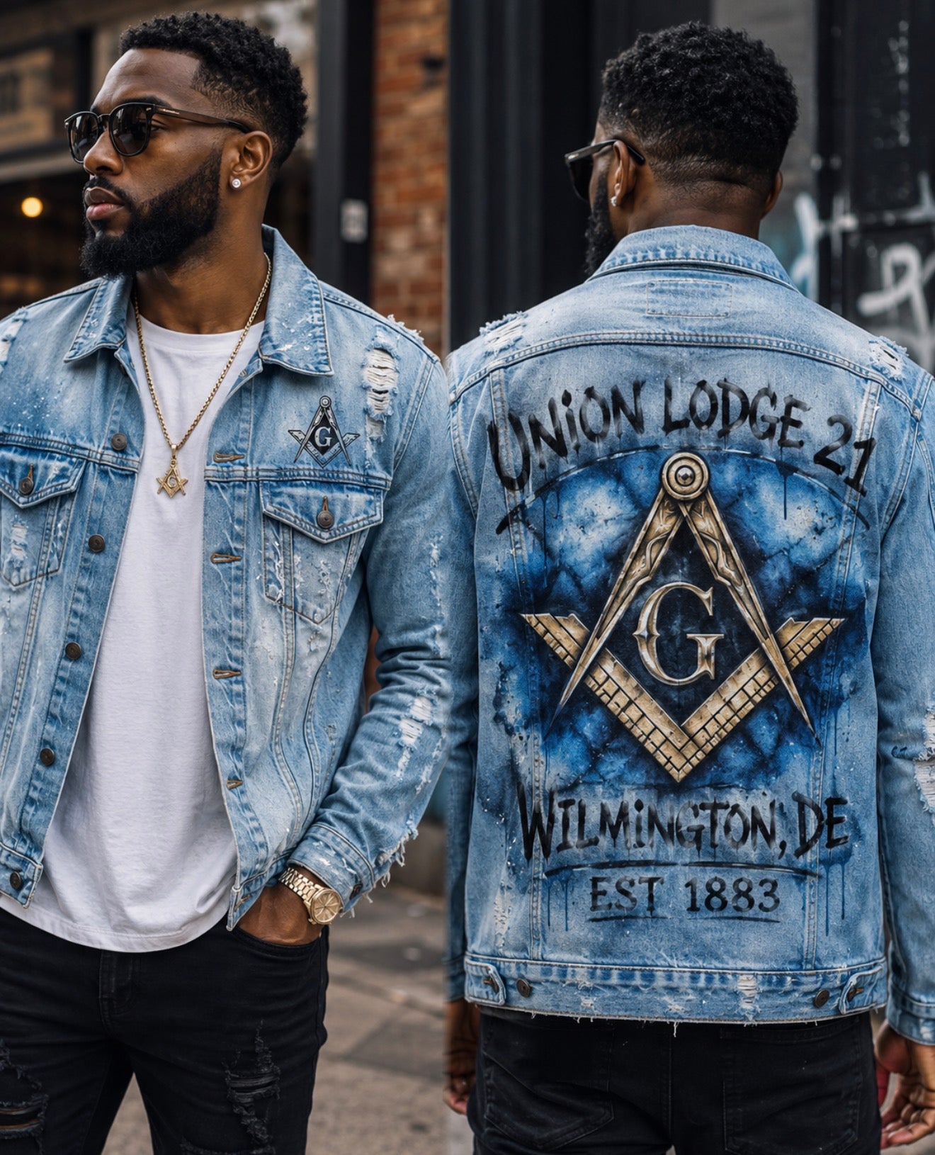 Personalized Airbrush DTF Denim Jacket Featuring Custom Lodge Information, Masonic Symbol & Premium Streetwear Styling