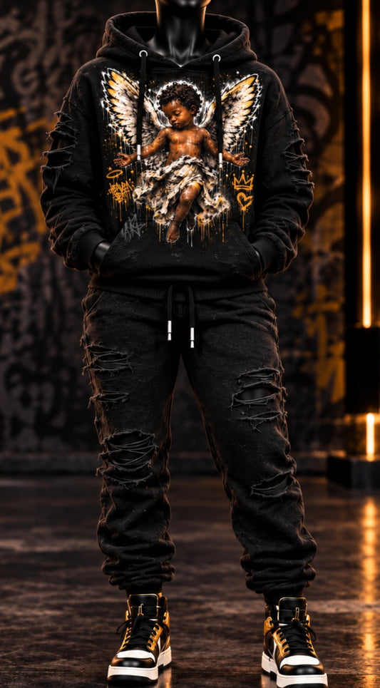 Printed Everything DTF Studio guardian angel distressed hoodie and jogger set, casual loungewear with printed angel design.