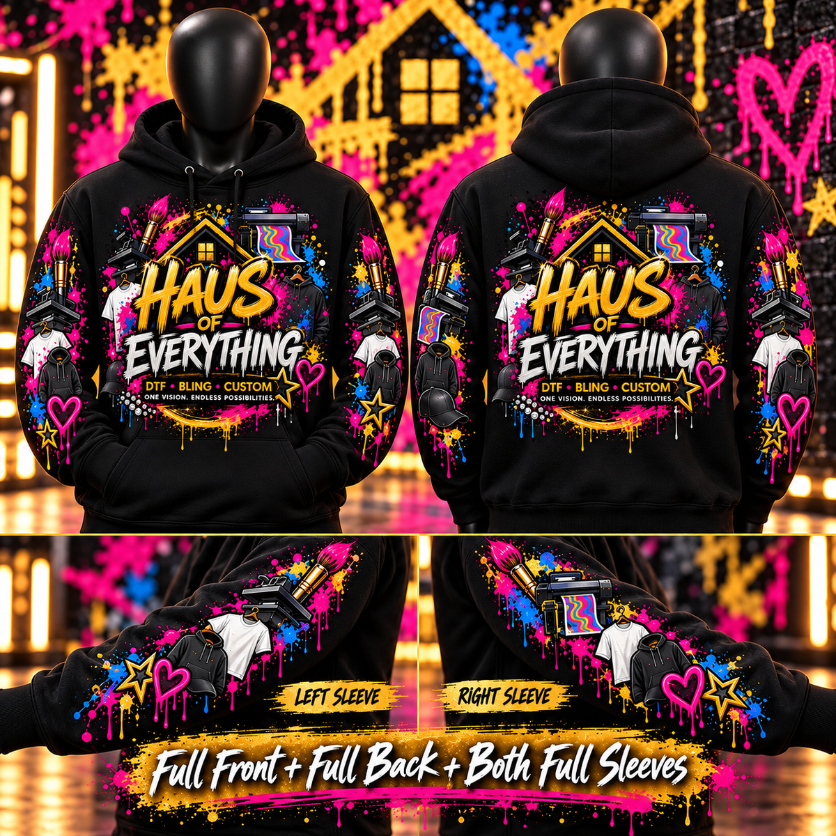 Custom Haus of Everything hoodie showing front and back designs, featuring specialty options and detailed fabric texture.