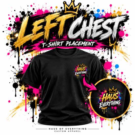 Custom Haus of Everything T-shirt with front and back designs, showcasing specialty printing options on a casual clothing item.