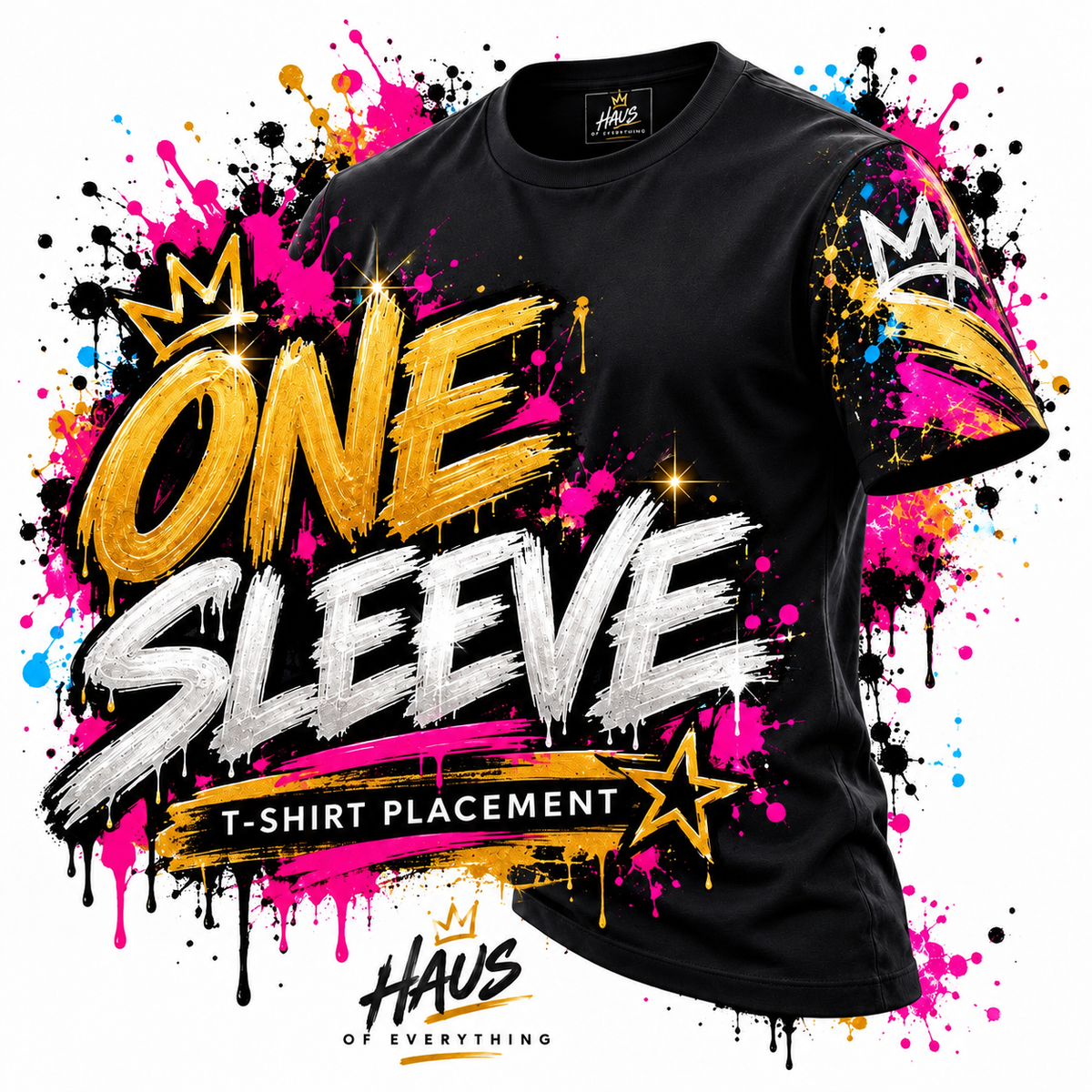 Custom Haus of Everything T-shirt with front and back designs, showcasing specialty print options on a casual cotton shirt.