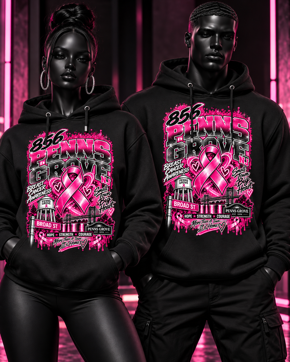 Pink Penns Grove Breast Cancer Awareness Hoodie by Haus of Everything, small size, featuring awareness ribbon and "Small Town Big Heart" text.