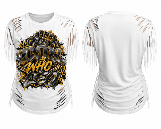 Distressed fringe statement T-shirt featuring lion and zodiac symbol print from DON WHO LEO collection by PRINTED EVERYTHING DTF STUDIO.