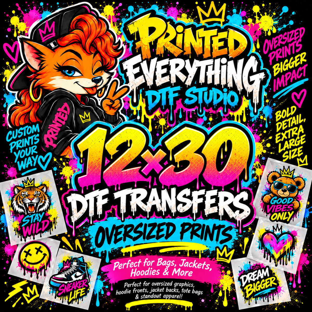 12x30 inch printed DTF transfers from PRINTED EVERYTHING DTF STUDIO, showcasing individual colorful DTF print designs.