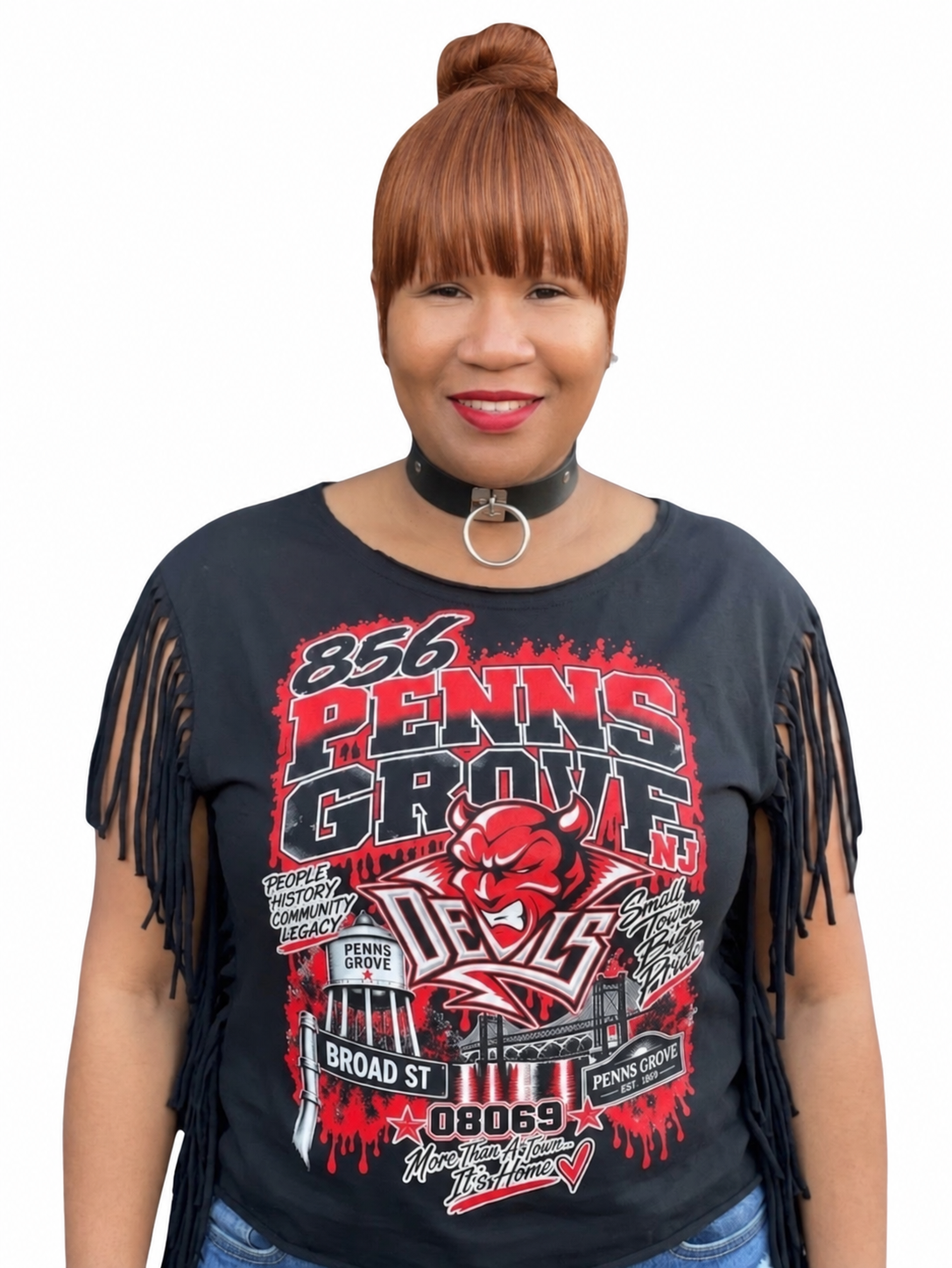 Black Penns Grove 856 Devils Fringe T-Shirt by PRINTED EVERYTHING DTF STUDIO featuring bold statement graphic on front.