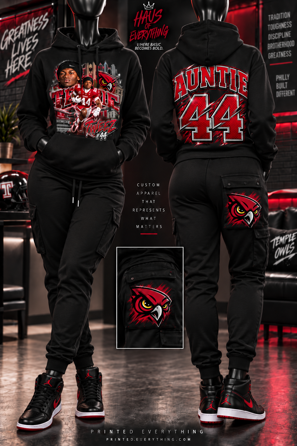 Personalized fan tribute hoodie and jogger sweatsuit set from PRINTED EVERYTHING DTF STUDIO, featuring custom text and matching athletic style.