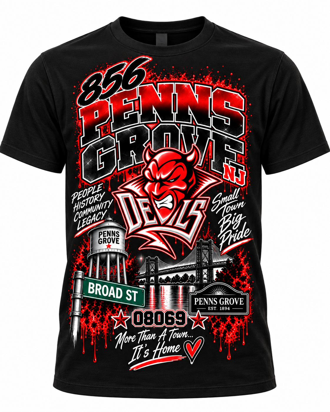 Haus of Everything Penns Grove NJ Pride T-shirt featuring local Jersey design in vibrant colors.