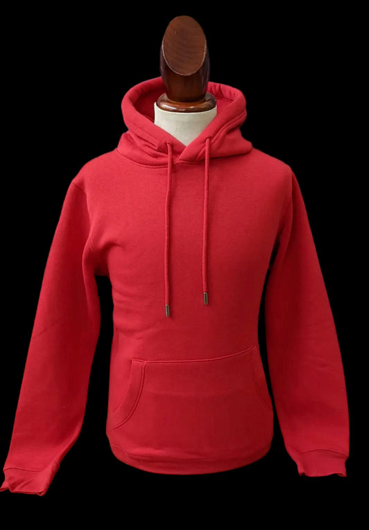 Red hoodie on a mannequin with a blurred background of clothing racks.