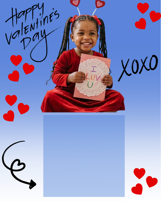 Editable Valentine’s Day photo card template by PRINTED EVERYTHING DTF STUDIO, featuring colorful design and spaces for personal photos.