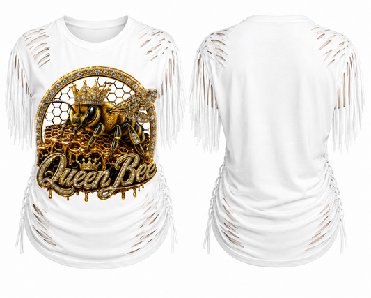 Queen Bee Luxe distressed fringe statement tee by PRINTED EVERYTHING DTF STUDIO, featuring a bold bee graphic and fringe details.