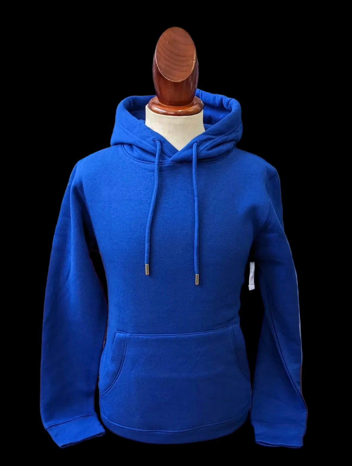 Blue hoodie on a mannequin with a clothing store background