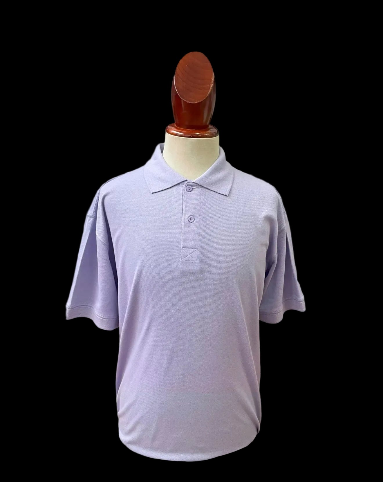 Light purple polo shirt blank on a mannequin against a white background