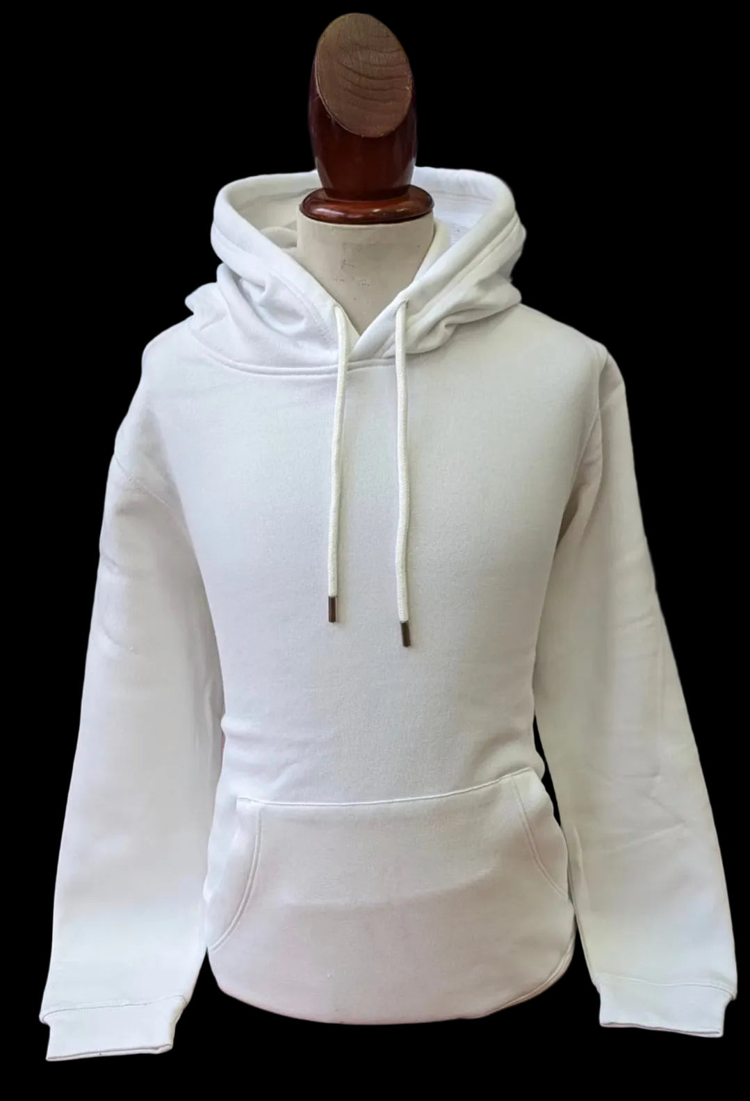Off White hoodie on a mannequin with a blurred background of other clothing items.