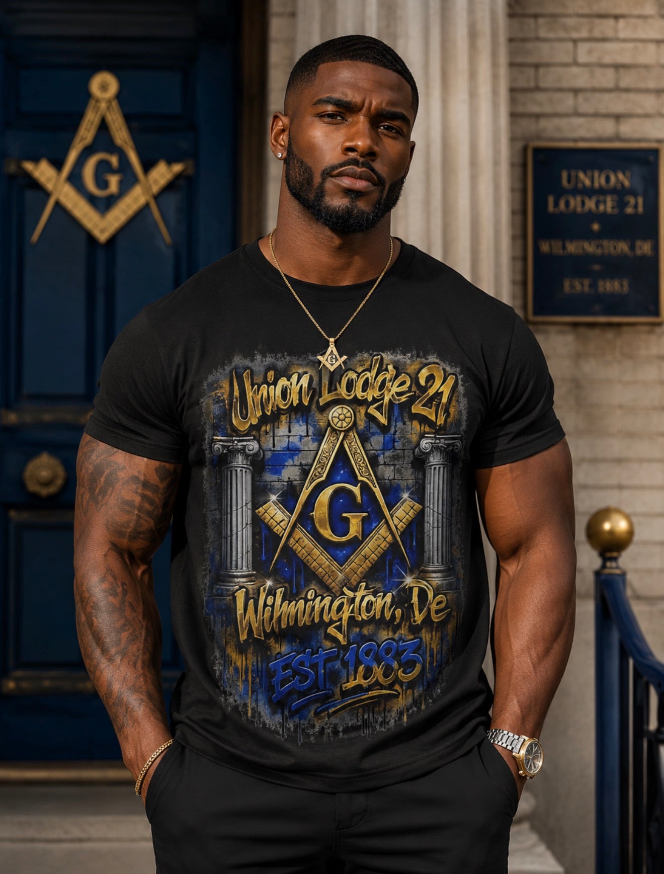 Custom Masonic t-shirt featuring Airbrush DTF artwork with Masonic square and compass symbol, personalized lodge name and number, luxury Prince Hall Mason apparel design