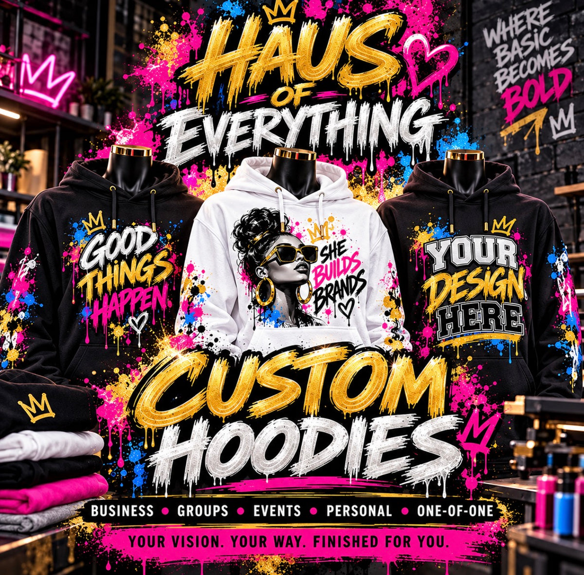 Custom Haus of Everything hoodie showing front, back, and specialty design options on a casual model.