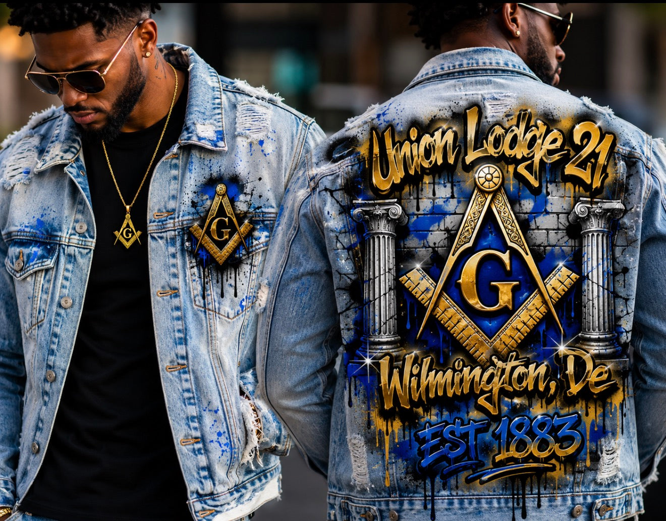 Personalized Airbrush DTF Denim Jacket Featuring Custom Lodge Information, Masonic Symbol & Premium Streetwear Styling