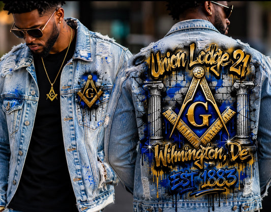 Personalized Airbrush DTF Denim Jacket Featuring Custom Lodge Information, Masonic Symbol & Premium Streetwear Styling
