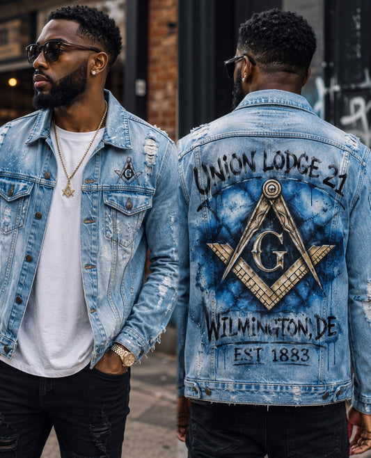 Personalized denim jacket with airbrush Masonic symbol, lodge details, and streetwear style from PRINTED EVERYTHING DTF STUDIO.