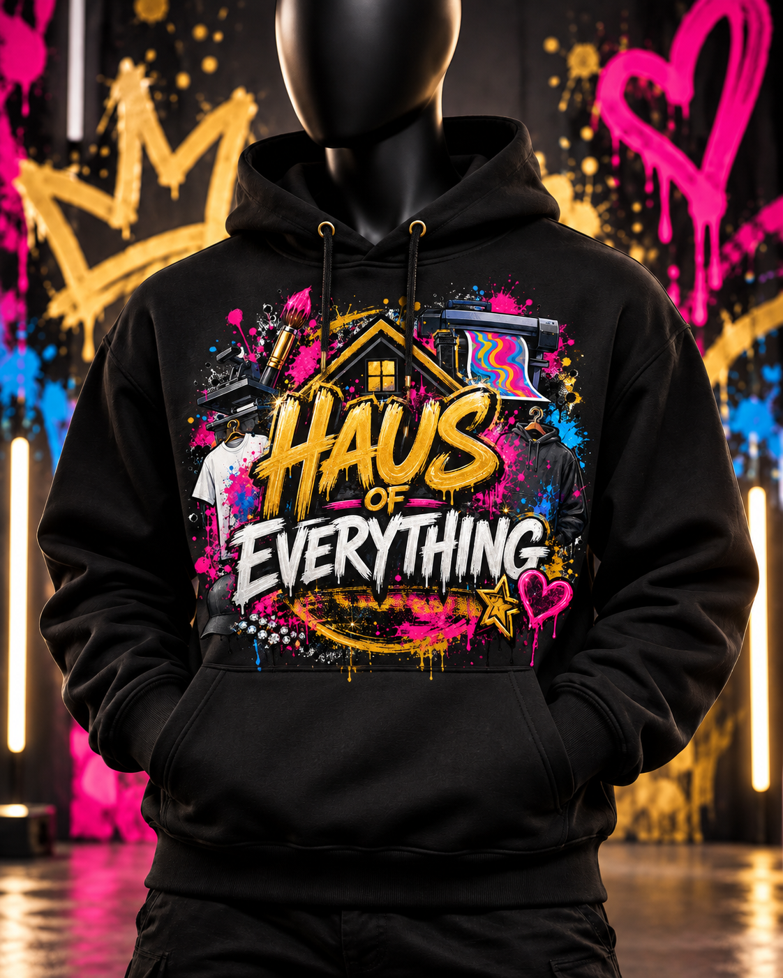 Custom Haus of Everything hoodie showing front and back designs, made from soft fabric with specialty embroidery options.