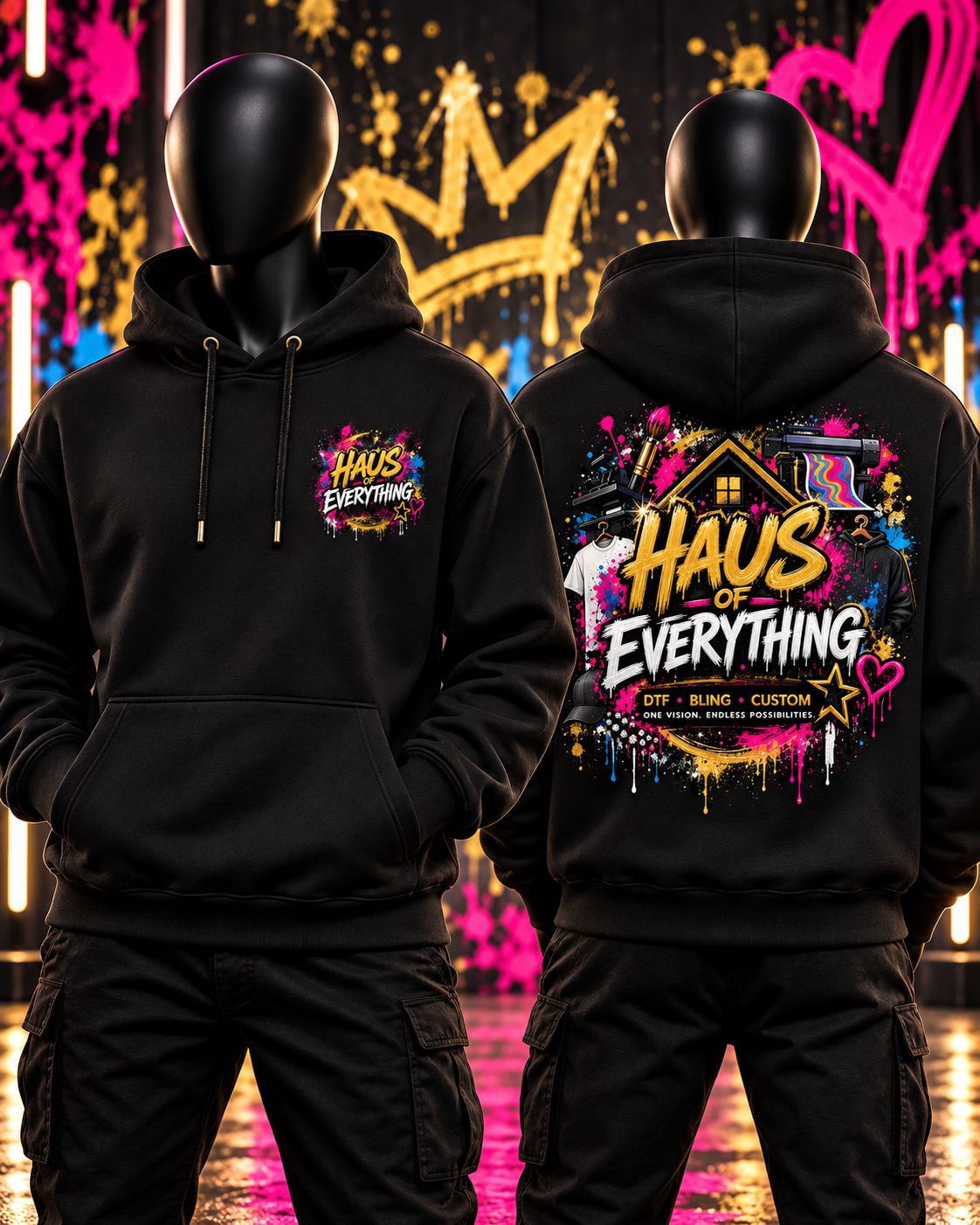 Custom Haus of Everything hoodie showing front and back designs with specialty options on soft, comfortable fabric.