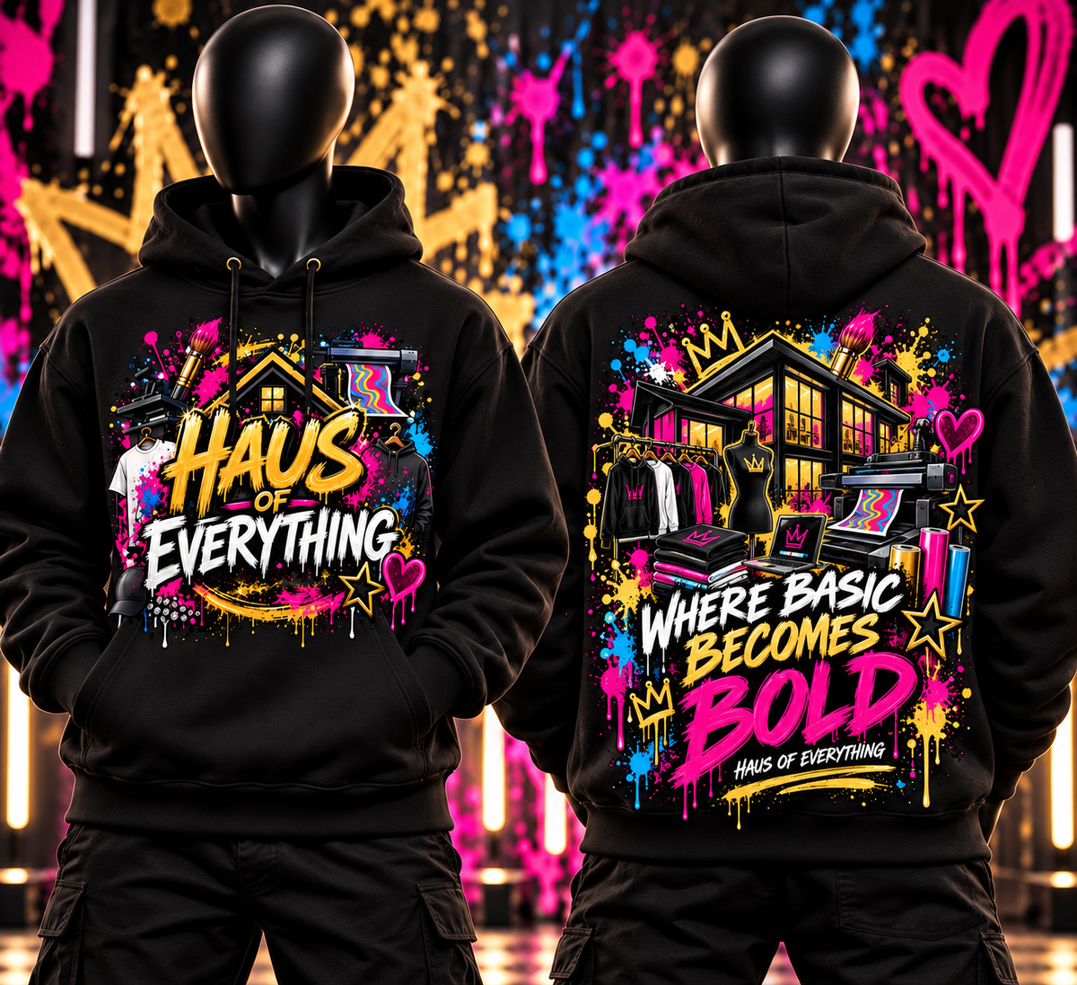 Custom Haus of Everything hoodie showing front and back designs, with unique specialty options, made from soft fabric.