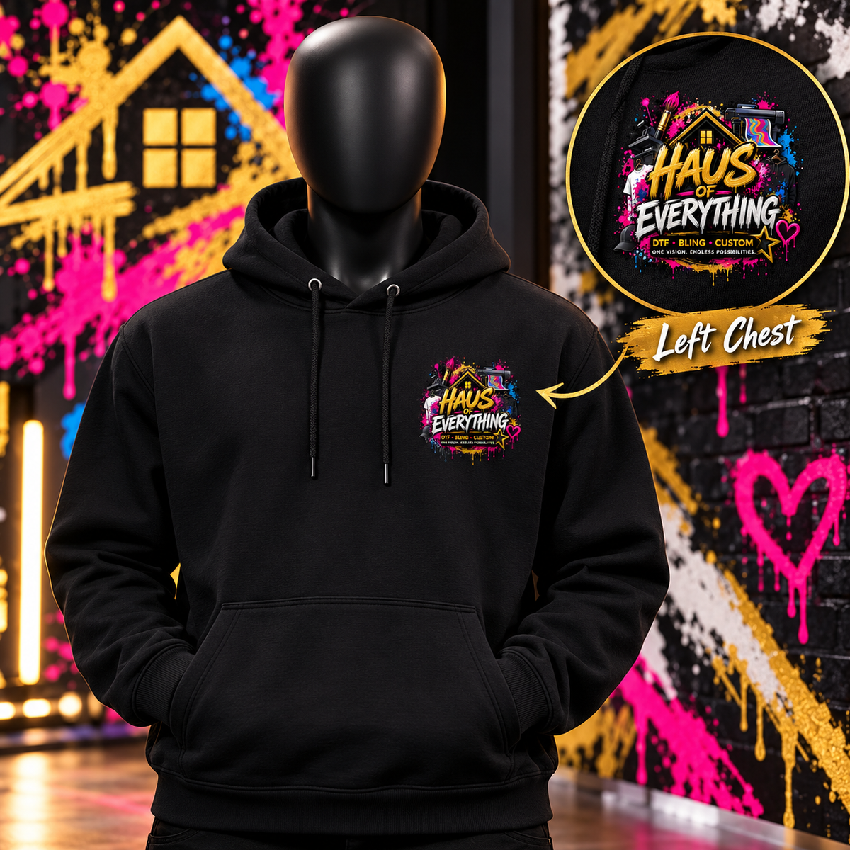 Custom Haus of Everything hoodie with front and back designs, showcasing unique specialty options and personalized details.