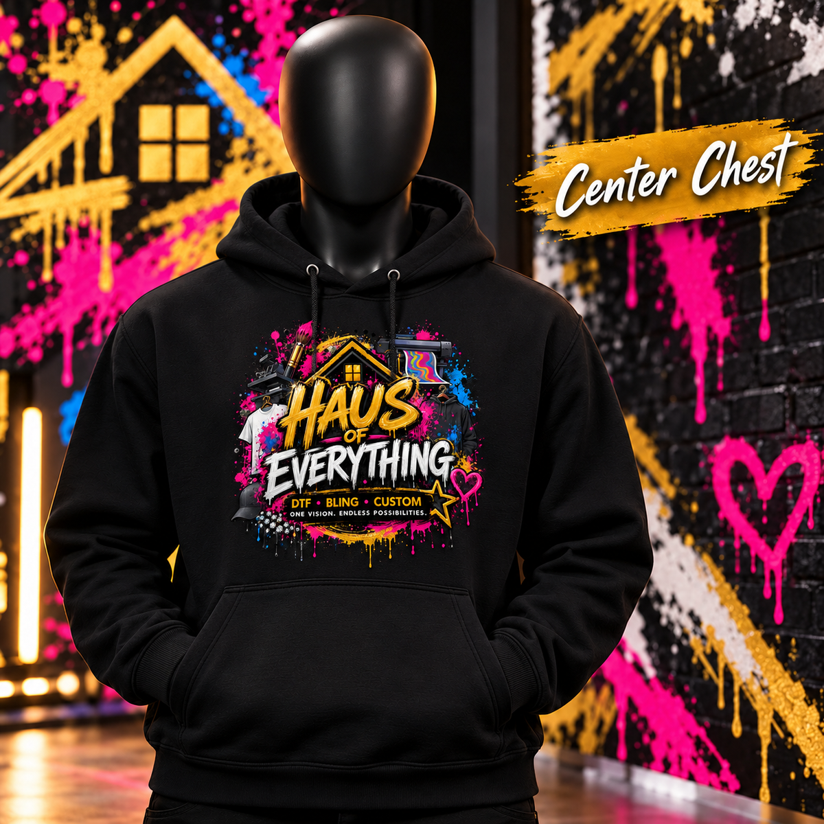 Custom hoodie by Haus of Everything showing front and back designs with specialty options, casual and comfortable fit.