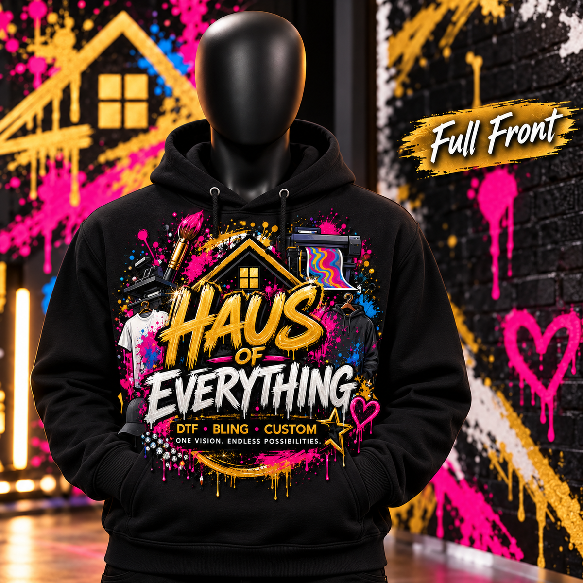 Custom Haus of Everything hoodie with front and back design options, shown in a casual fit with customizable details.