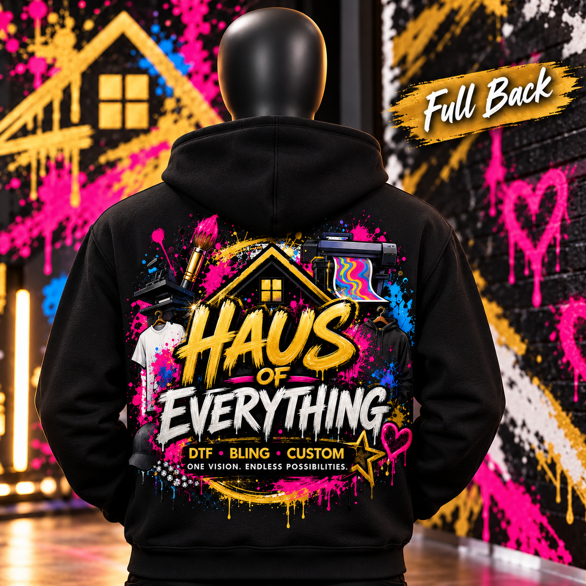 Custom Haus of Everything hoodie featuring front, back, and specialty design options in a cozy, stylish fit.