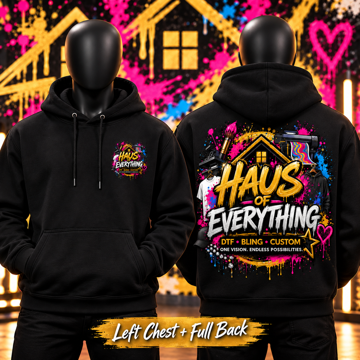 Custom Haus of Everything hoodie showing front and back designs with specialty options in a casual fit.