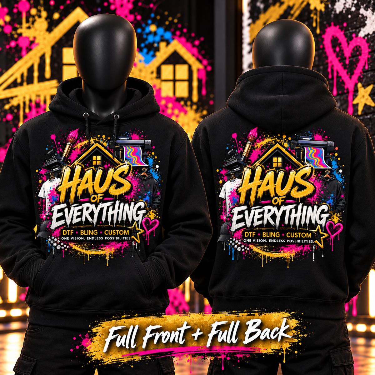Custom Haus of Everything hoodie shown front and back with specialty design options, soft fabric and stylish fit.