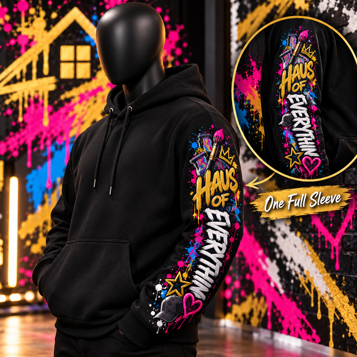 Custom Haus of Everything hoodie with front and back designs, showing unique specialty options and detailed fabric texture.