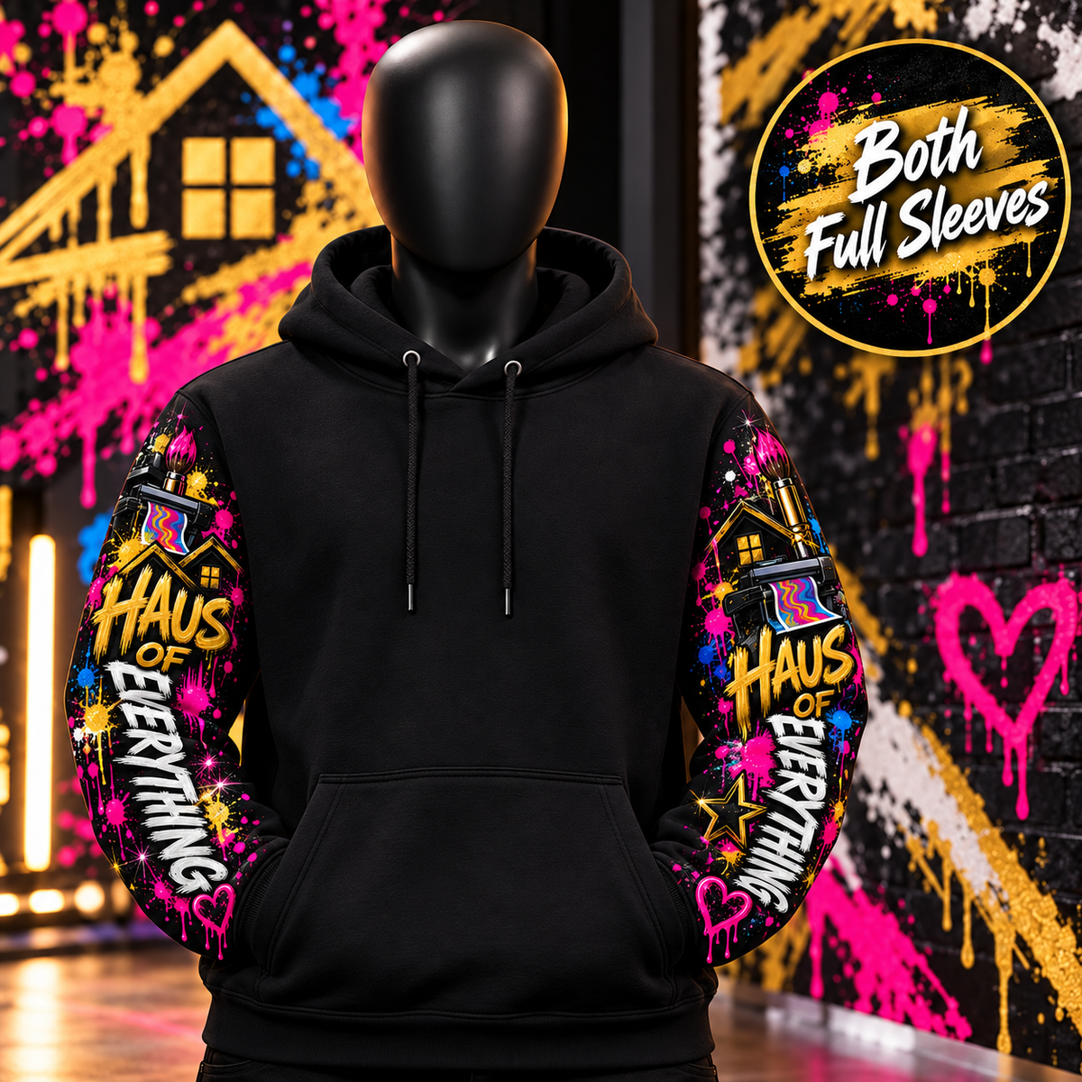 Custom Haus of Everything hoodie showcasing front and back designs with specialty options, made from comfortable fabric.