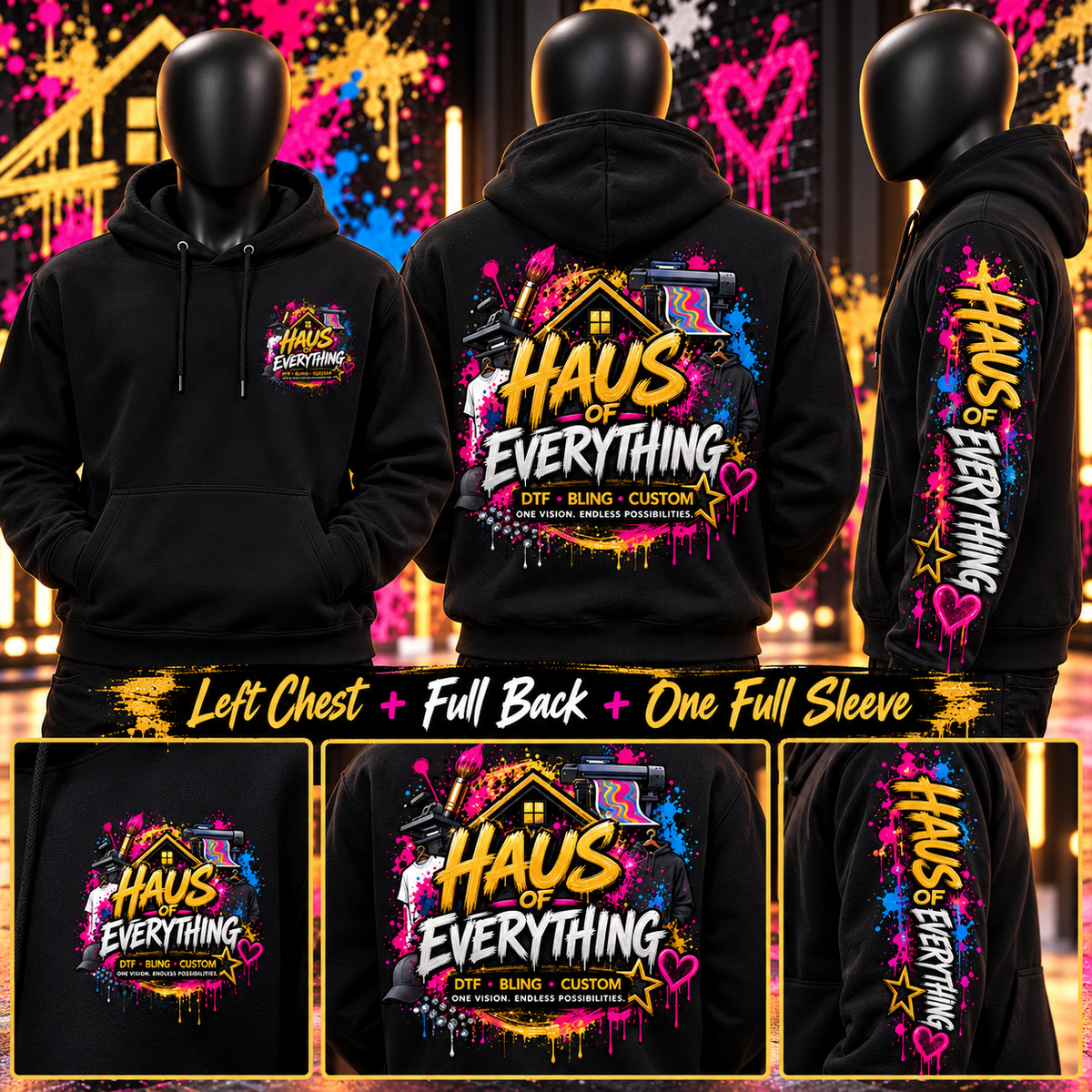 Custom Haus of Everything hoodie showing front and back designs with specialty options on a white background.