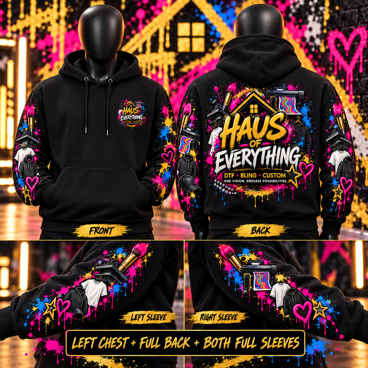 Custom Haus of Everything hoodie showing front and back designs with specialty options on a white background.