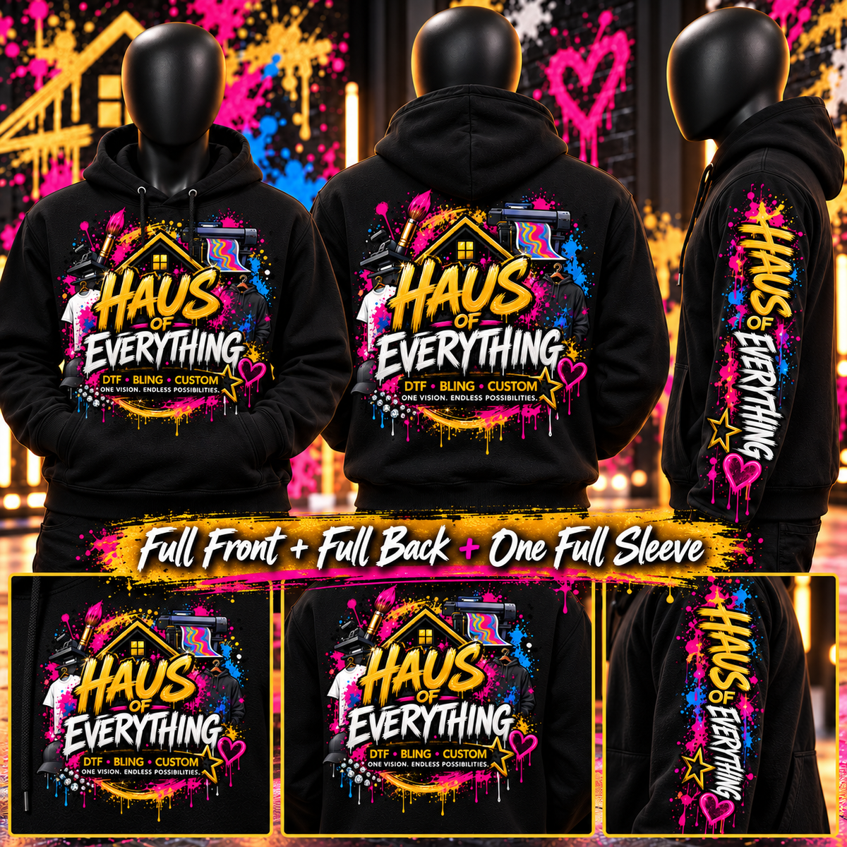 Custom Haus of Everything hoodie showing front and back designs, featuring specialty options and detailed fabric texture.
