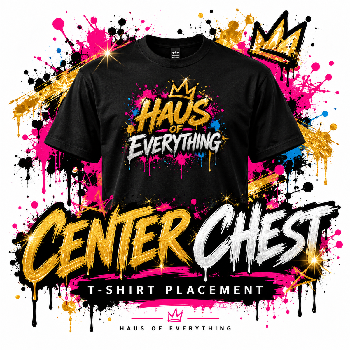 Custom Haus of Everything T-shirt showing front and back designs with specialty options, featuring vibrant printed graphics.