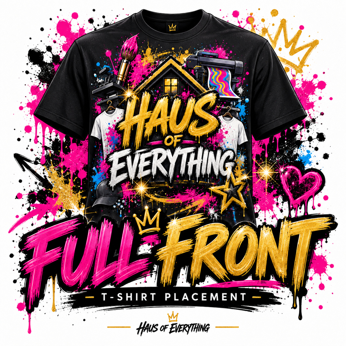 Custom Haus of Everything T-shirt with front and back design, featuring specialty print options on a casual cotton shirt.