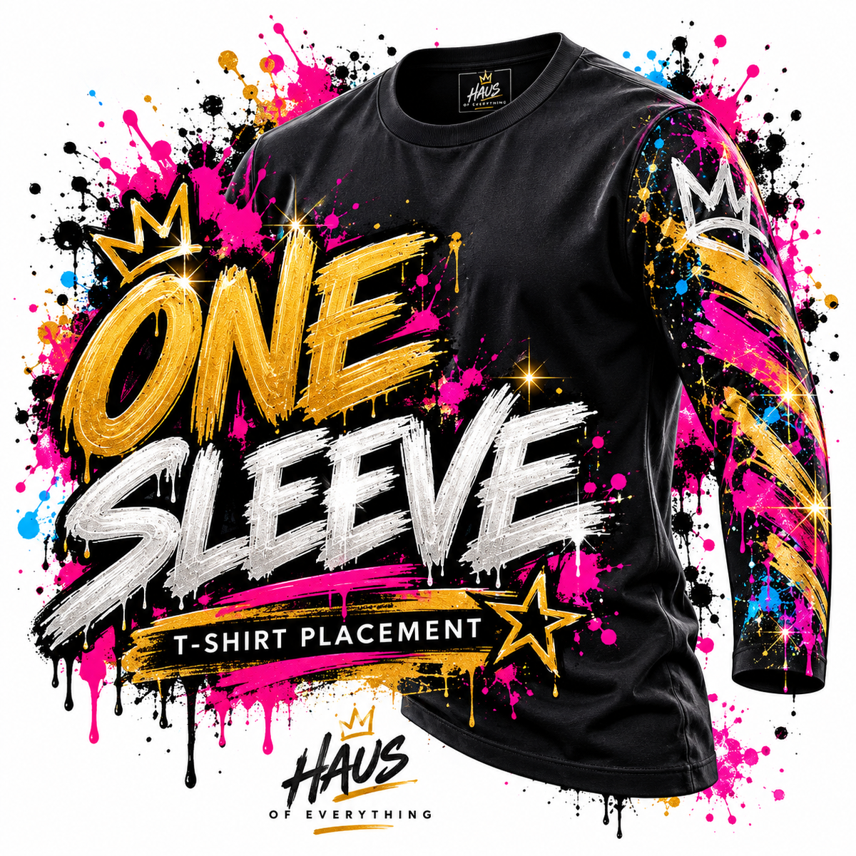 Haus of Everything custom T-shirt featuring front and back designs with specialty options, displayed on a mannequin.
