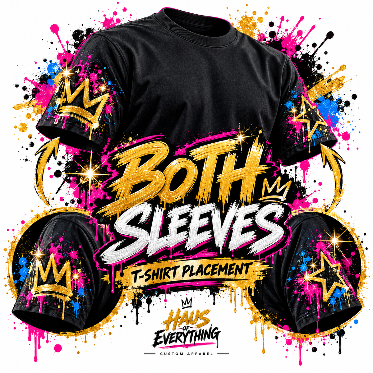 Custom Haus of Everything T-shirt showing front and back design with specialty options on a white background.