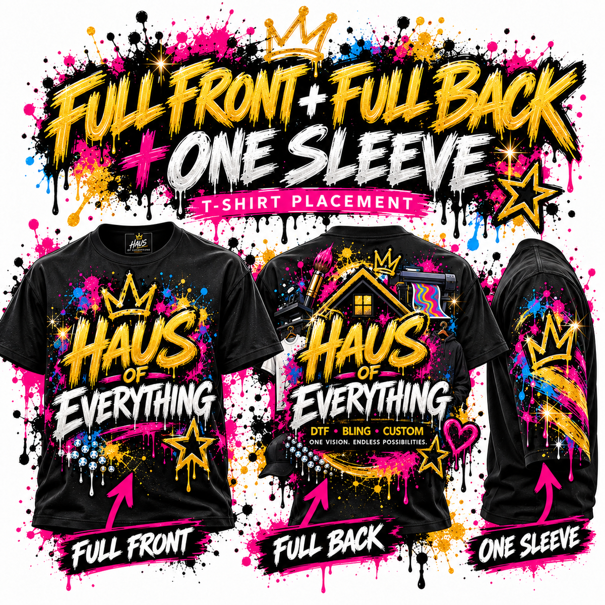 Custom Haus of Everything T-shirt displaying front and back designs with specialty options on a plain background.