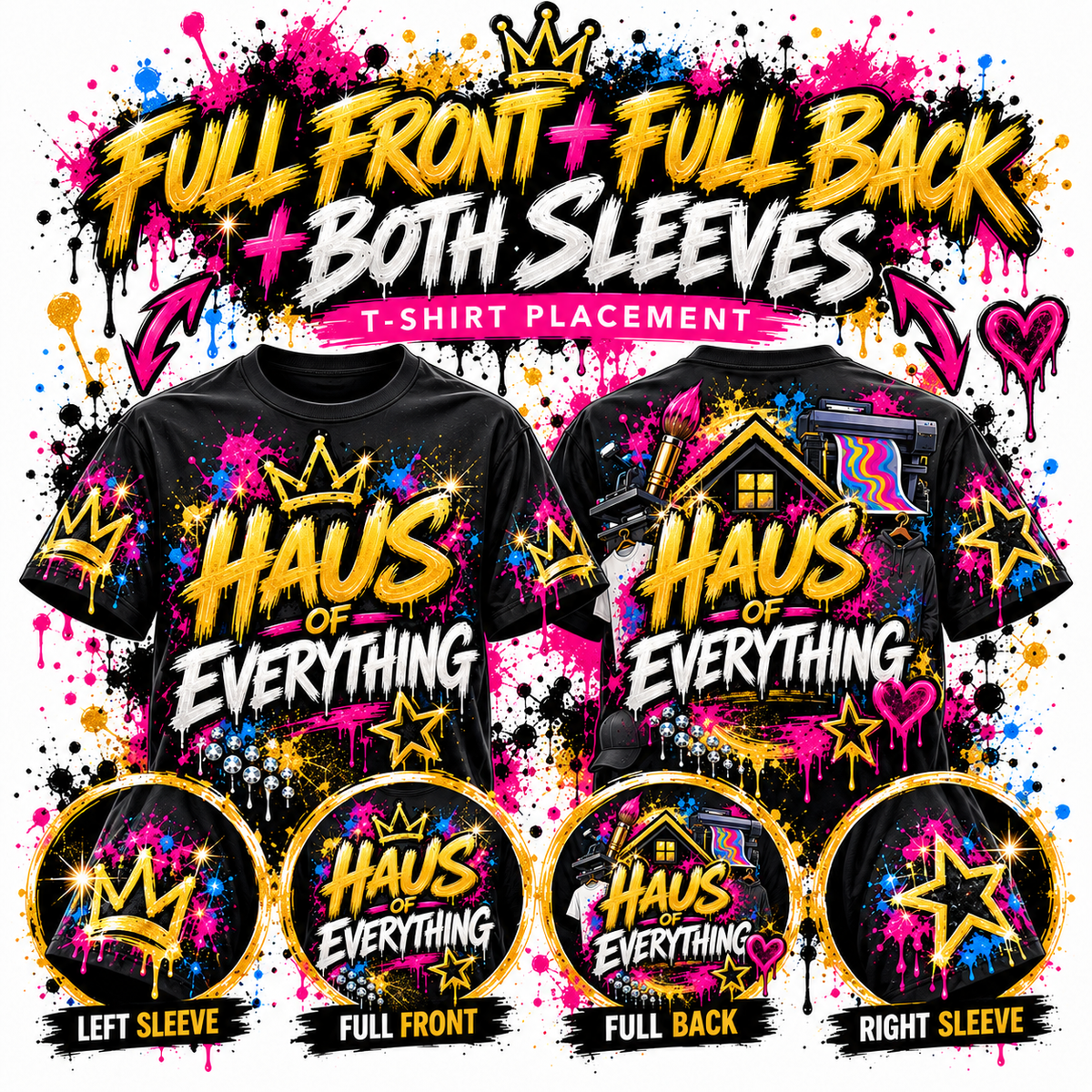 Custom Haus of Everything T-shirt showing front and back designs with specialty options, made from soft, high-quality fabric.