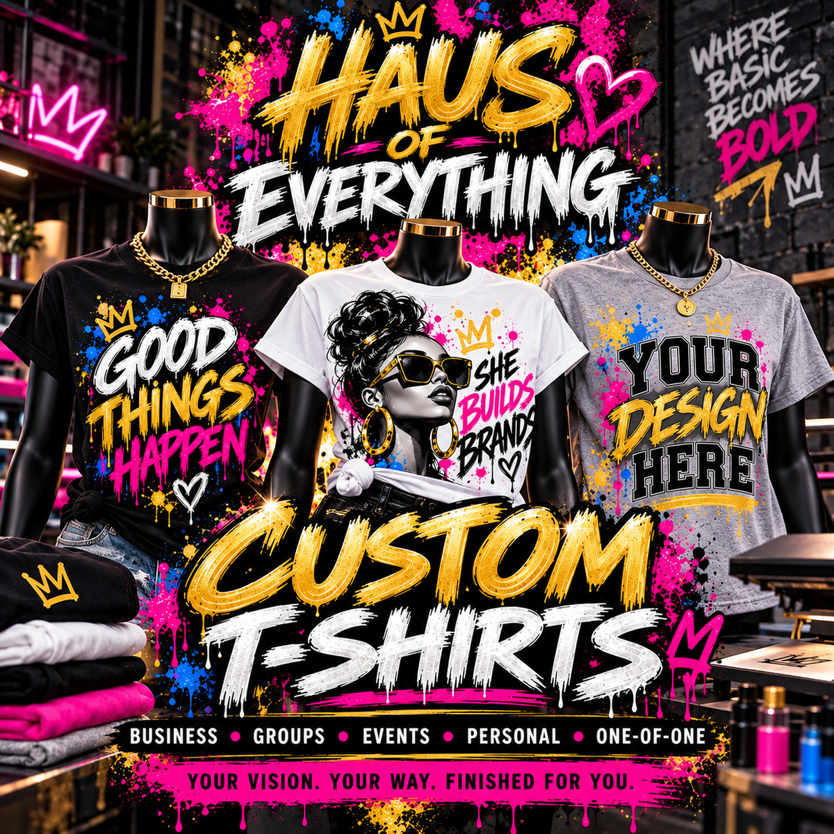 Custom Haus of Everything T-shirt with front and back design, showcasing specialty printing options on a casual cotton tee.