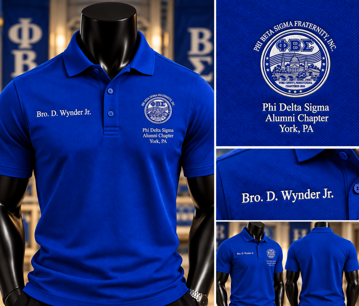Custom fraternity polo shirt with personalized crest and name from PRINTED EVERYTHING DTF STUDIO, featuring a colorful design and polo collar.
