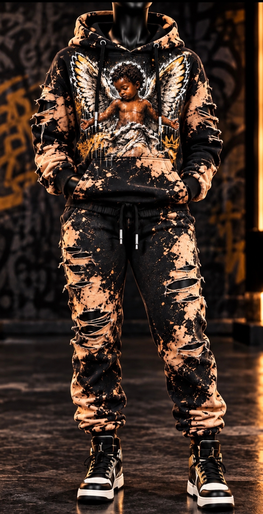 Printed Everything DTF Studio Guardian Angel distressed hoodie and jogger set featuring a casual, stylish design with angel graphic details.
