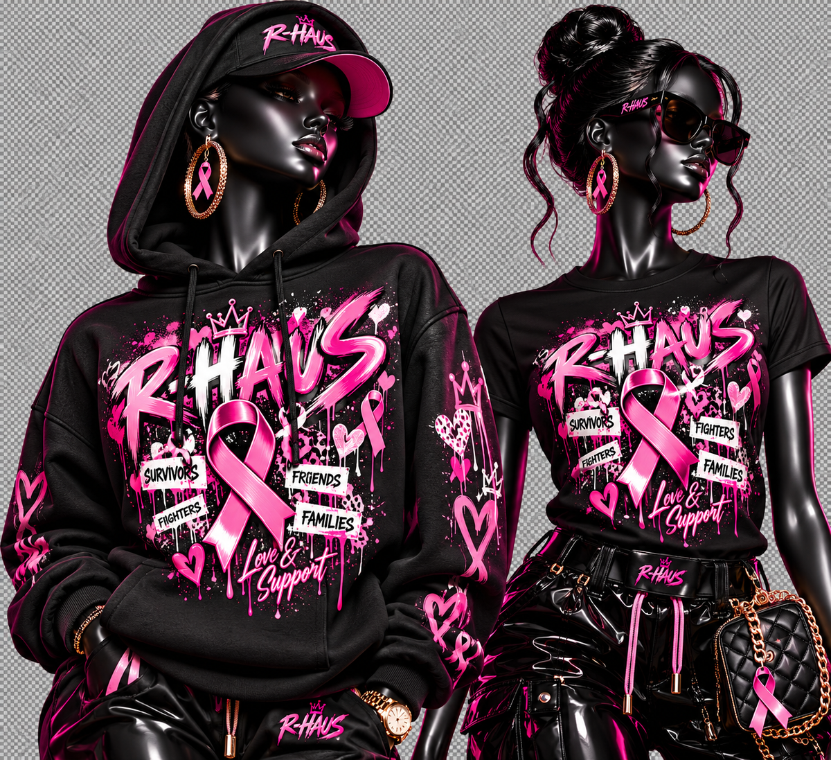 Printed Everything DTF Studio R-HAUS breast cancer awareness tee, hoodie, or crop hoodie with bling options, displayed on a hanger.