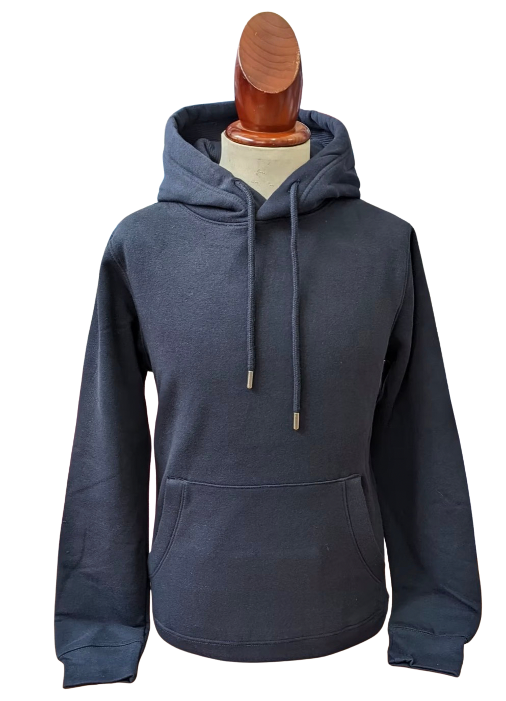 Navy hoodie on a mannequin against a white background