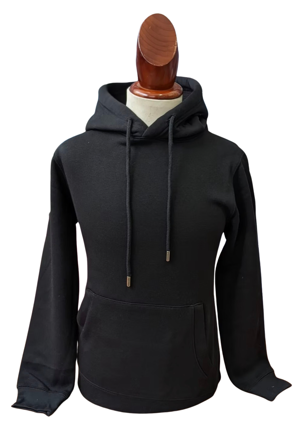 Black hoodie on a mannequin with a white background
